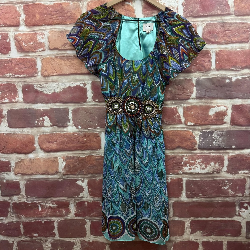 ECI New York Dress Women's 2 Multicolor Boho Floral Beaded Waist Sundress